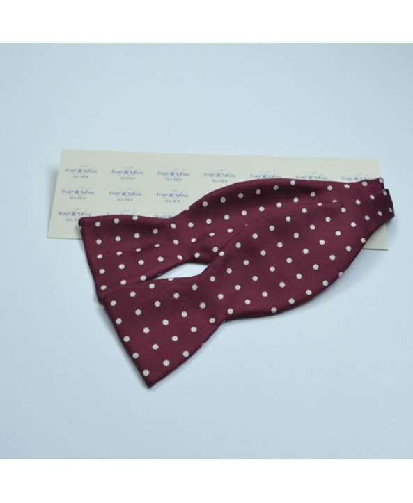Fine Silk Spotted Self Tie Bow with White Spots on Wine Red 